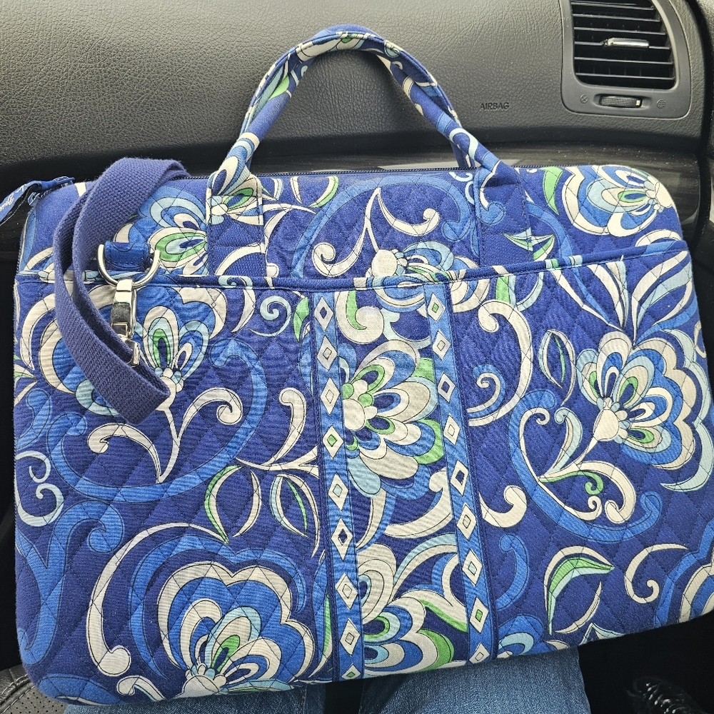 Vera Bradley Hard Shell Laptop Messenger Shoulder Bag Quilted Floral Blue Green